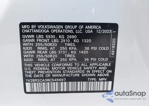 2024 Volkswagen Atlas 2.0T Sel z USA, uszkodzony, nr VIN 1V2BR2CA3RC545697